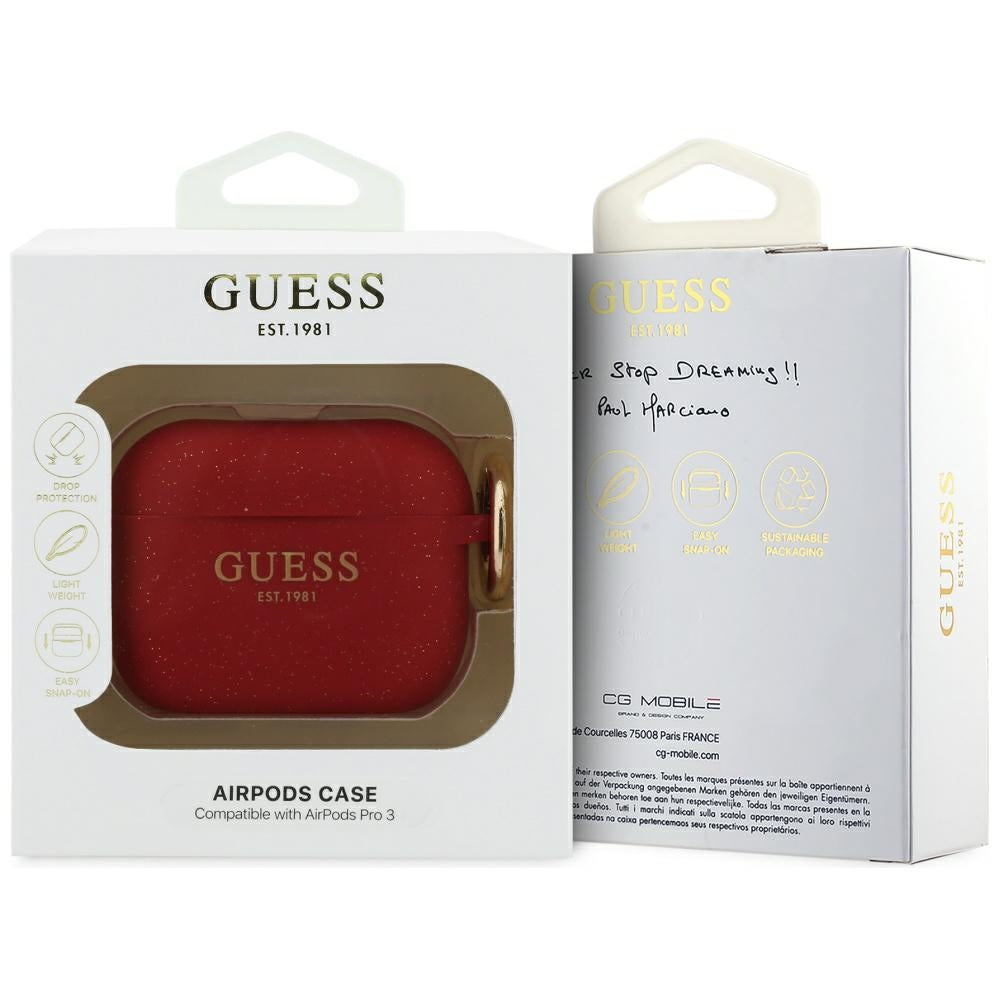 Guess Silicone Glitter Ring Case til AirPods Pro 3 - Rød og Glitter