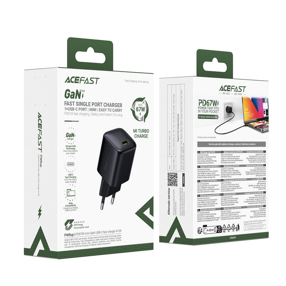 Acefast A134 67W GaN USB-C Wall Charger - sort