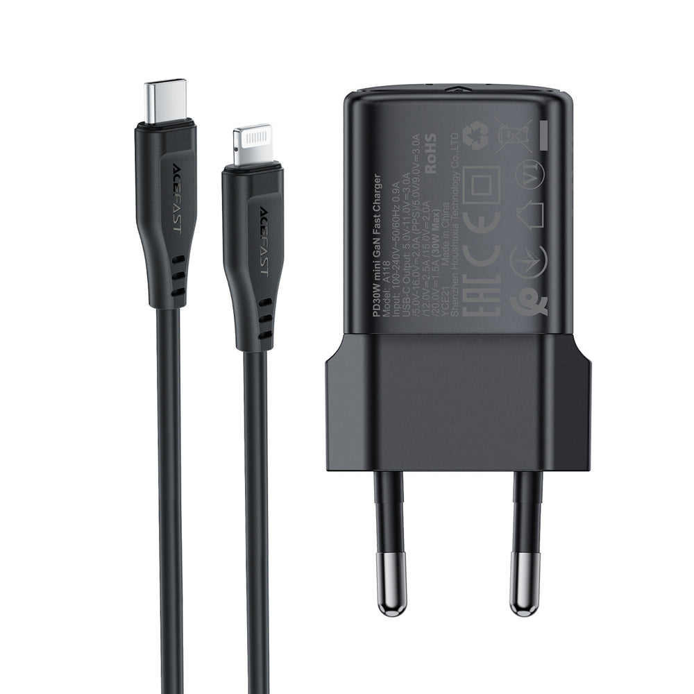 Acefast A118 30W GaN USB-C Wall Charger with 1.2m USB-C to Lightning Cable - Black