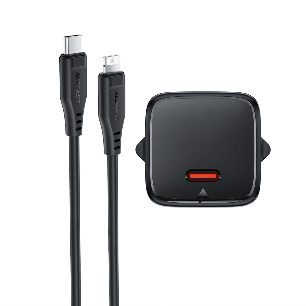 Acefast A118 30W GaN USB-C Wall Charger with 1.2m USB-C to Lightning Cable - Black