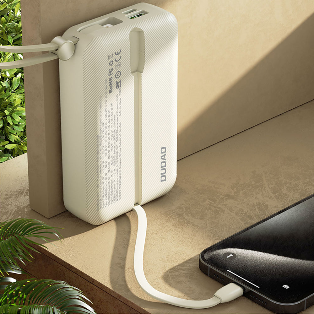 Dudao K14+ Powerbank 20000mAh 22,5W USB-C / USB-A / Indbygget Lightning og USB-C Kabler - Hvid