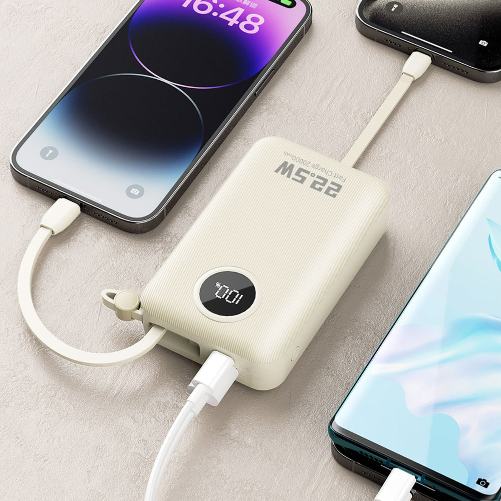Dudao K14+ Powerbank 20000mAh 22,5W USB-C / USB-A / Indbygget Lightning og USB-C Kabler - Hvid