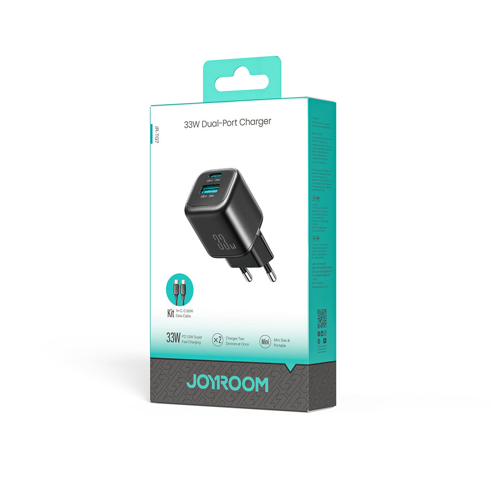Joyroom JR-TG7 33W USB-A + USB-C Wall Charger med 60W USB-C til USB-C 1m Kabel - sort
