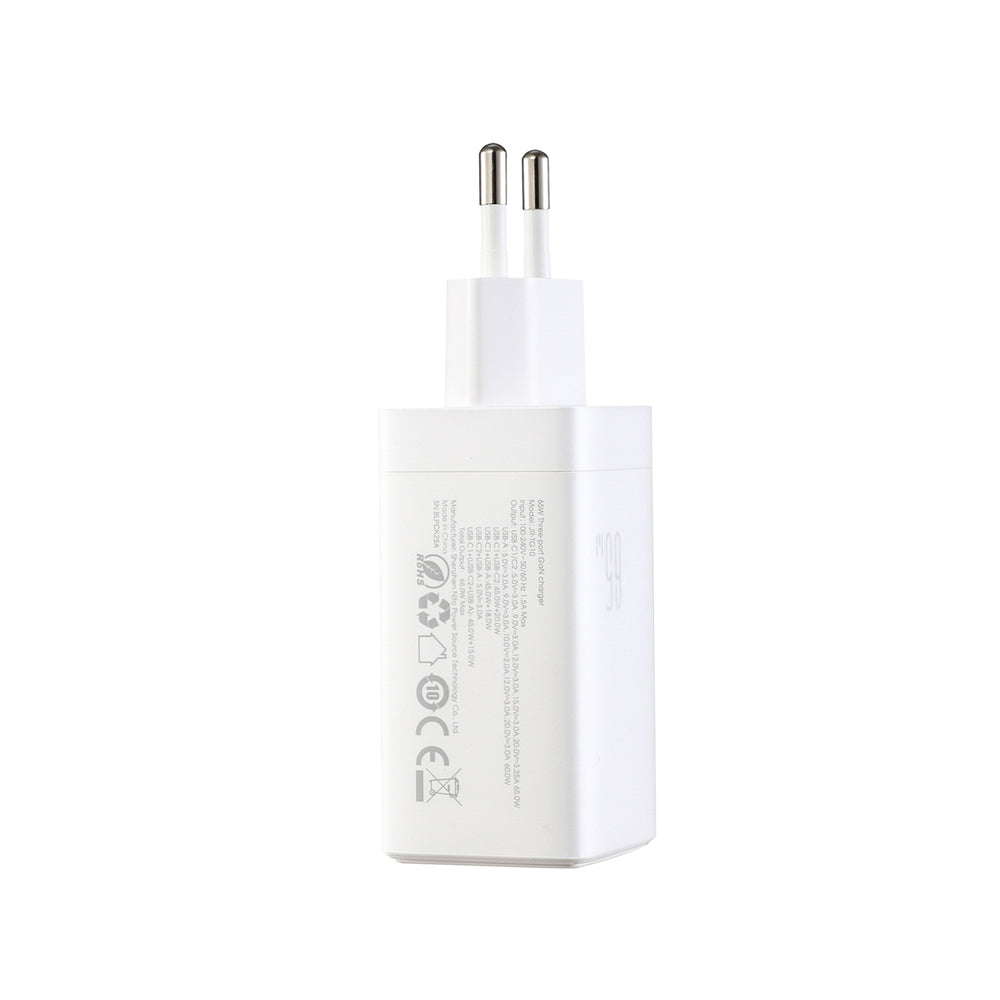 Joyroom JR-TG10 65W GaN 2x USB-C + USB-A vægoplader med 100W USB-C - USB-C 1,2m kabel - hvid