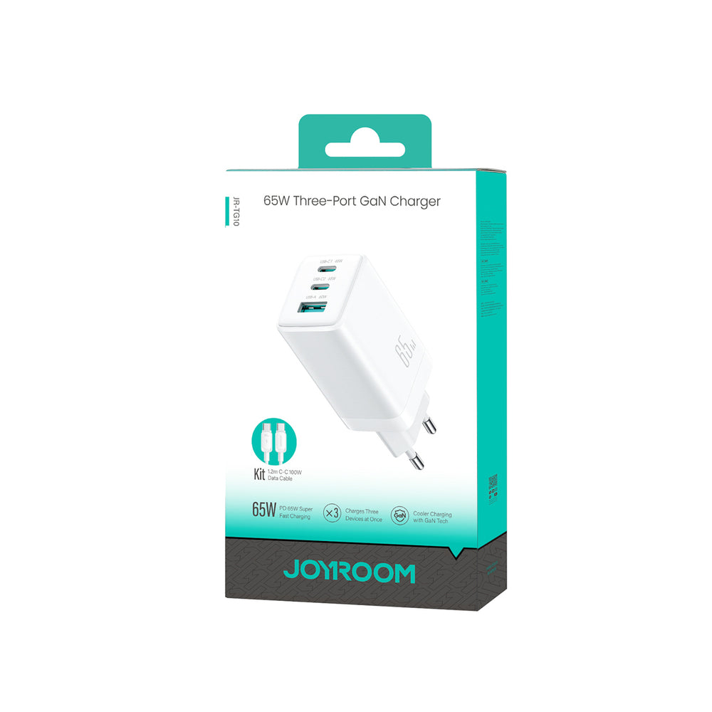 Joyroom JR-TG10 65W GaN 2x USB-C + USB-A vægoplader med 100W USB-C - USB-C 1,2m kabel - hvid