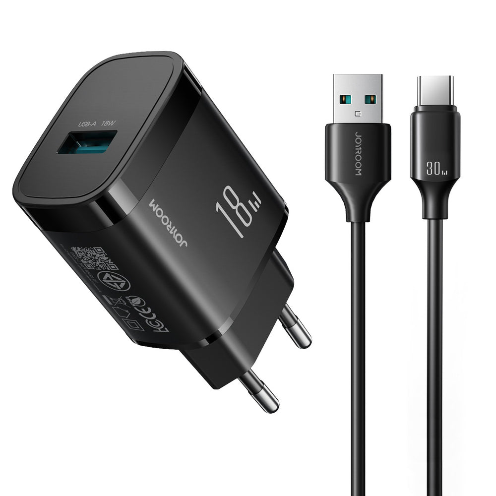 Joyroom JR-TF4 18W vægoplader med 3A USB-A - USB-C 1m kabel - sort