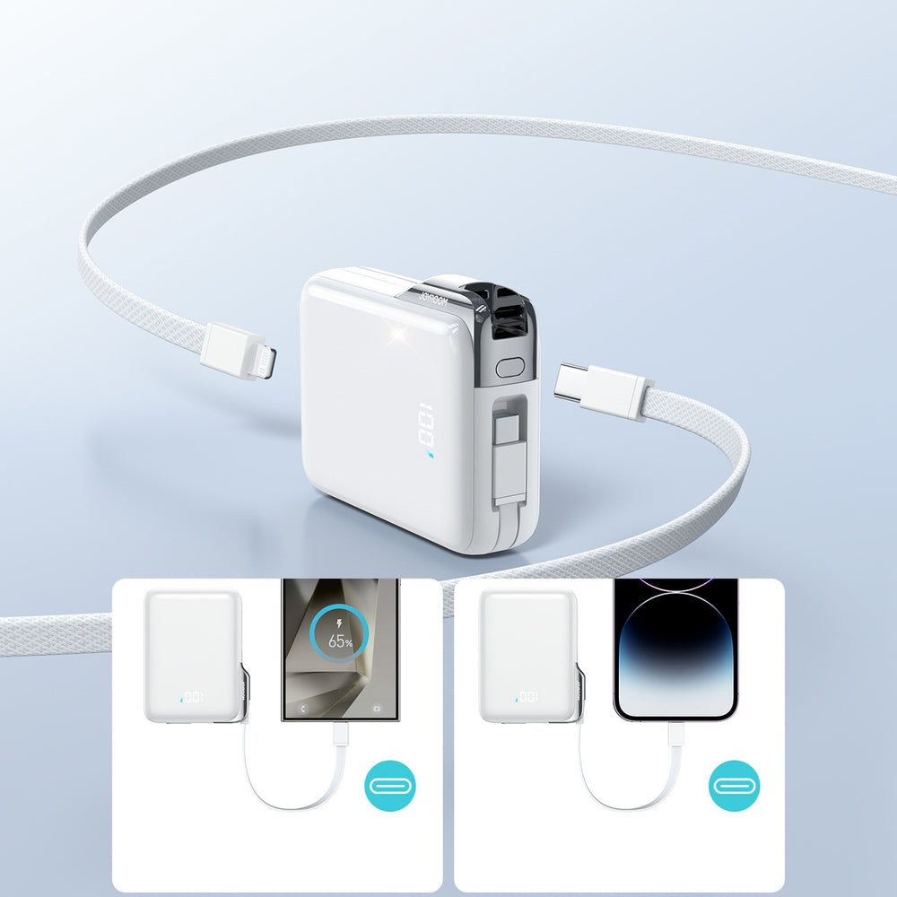 Joyroom JR-PBF27 Pro 10000mAh 30W Power Bank med indbygget USB-C-kabel og ekstra tovejs USB-C til Lightning-kabel - hvid