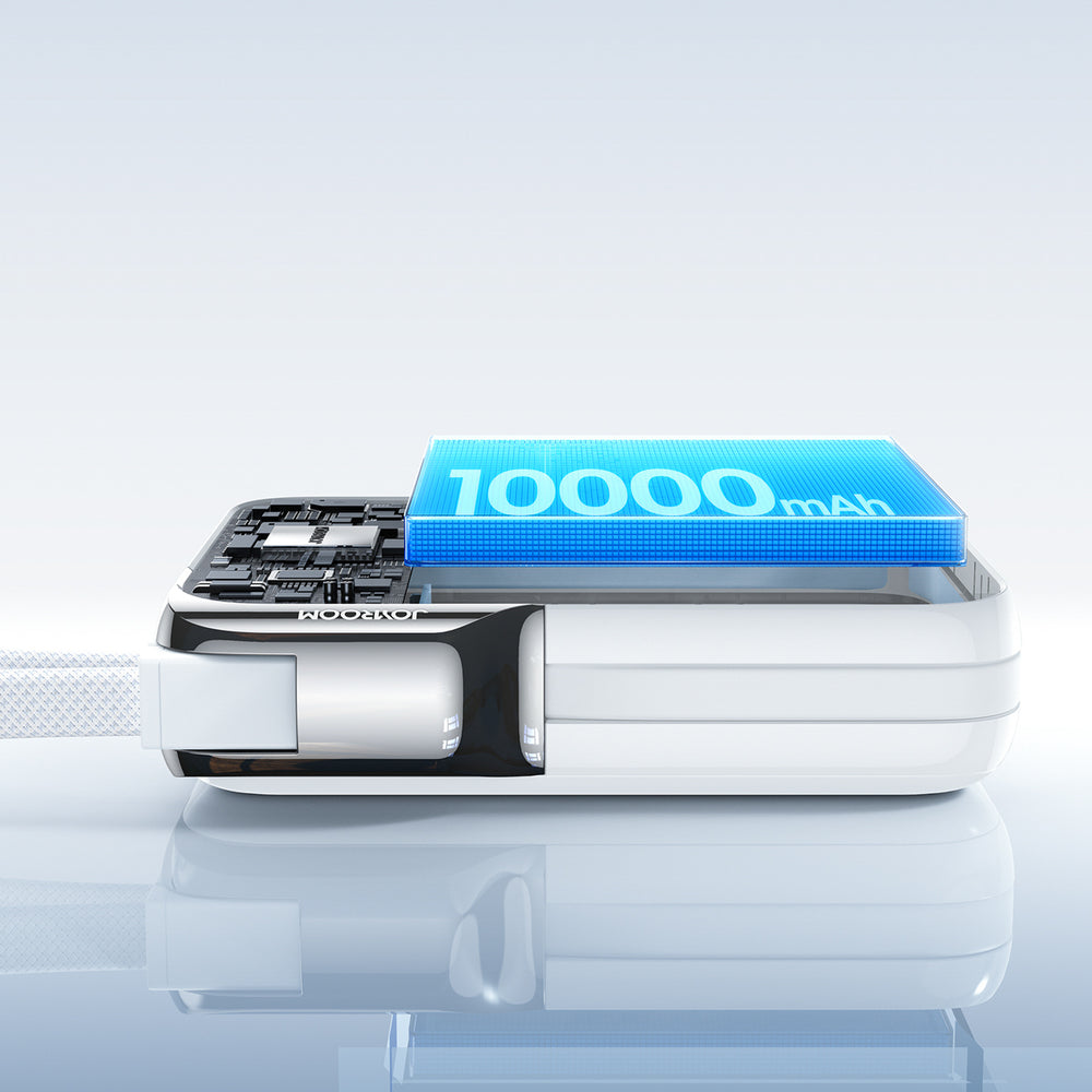 Joyroom JR-PBF27 Pro 10000mAh 30W Power Bank med indbygget USB-C-kabel og ekstra tovejs USB-C til Lightning-kabel - hvid