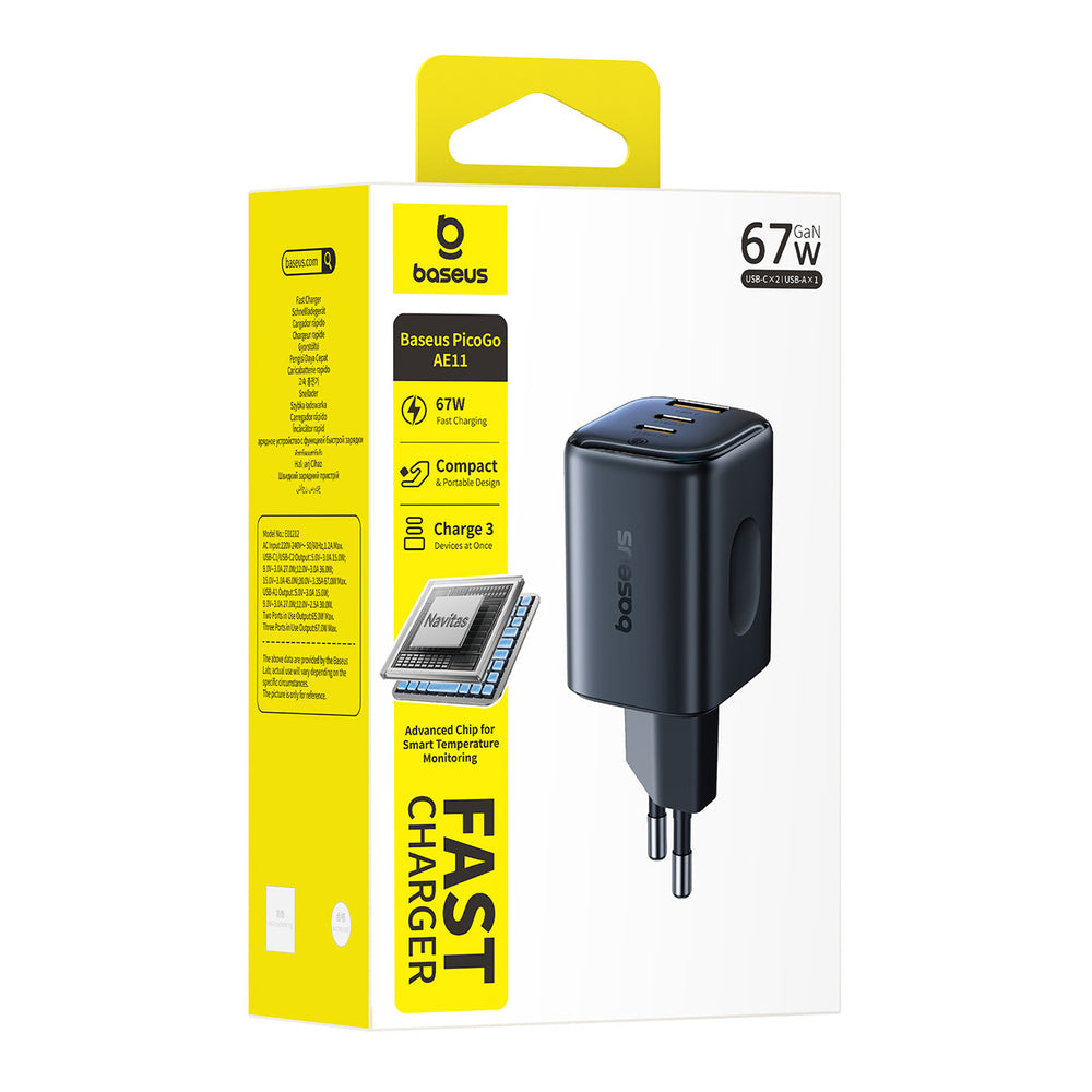 Baseus PicoGo AE11 67W Wall Charger with Two USB-C Ports and a USB-A Port - Black