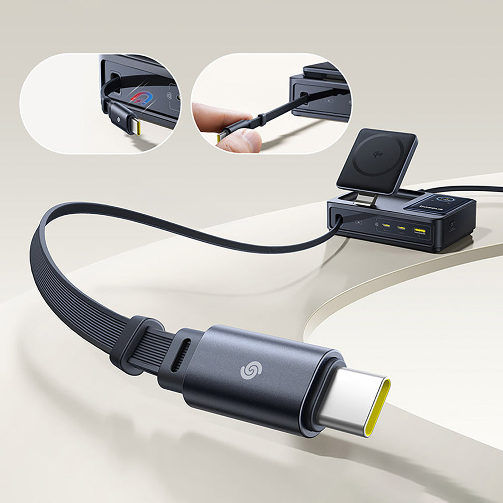 Baseus NOMOS 140W Qi2 5-in-1 Wireless Charging Station with Retractable USB-C Cable and Digital Display - Black