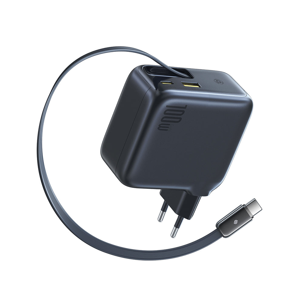 Baseus EnerCore CJ11 100W Wall Charger with USB-A and USB-C Ports and Retractable USB-C Cable - Black