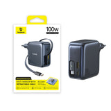 Baseus EnerCore CJ11 100W Wall Charger with USB-A and USB-C Ports and Retractable USB-C Cable - Black