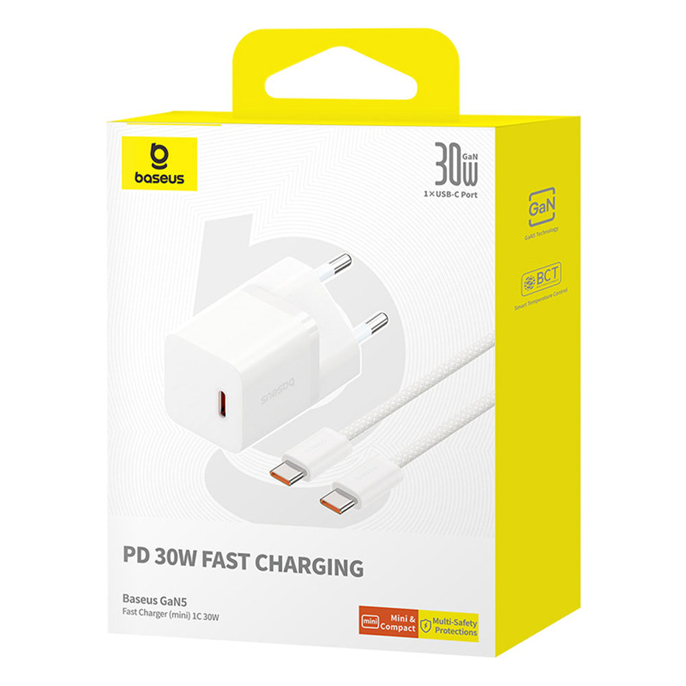 Baseus GaN5 USB-C 30W Wall Charger with Baseus Dynamic 3 USB-C 100W 1m Cable - White