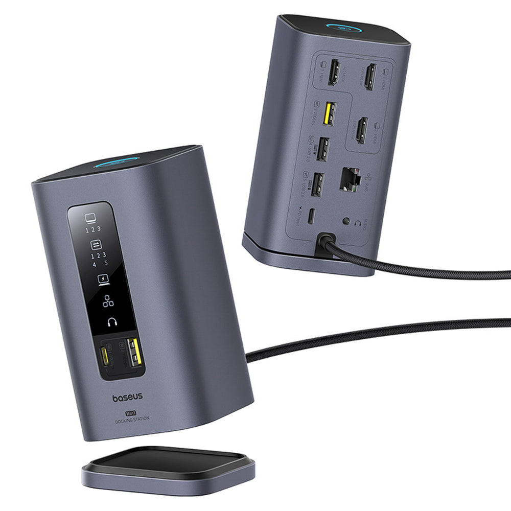 Baseus Spacemate hub USB-C 11in1 docking station 3xHDMI 4K 60Hz + 2xUSB-A (10Gb/s) + 1xUSB-C (10Gb/s) + RJ45 + 2xUSB-A (480Mb/s) + 1xUSB-C (PD) + 1xMinijack 3.5mm - gray
