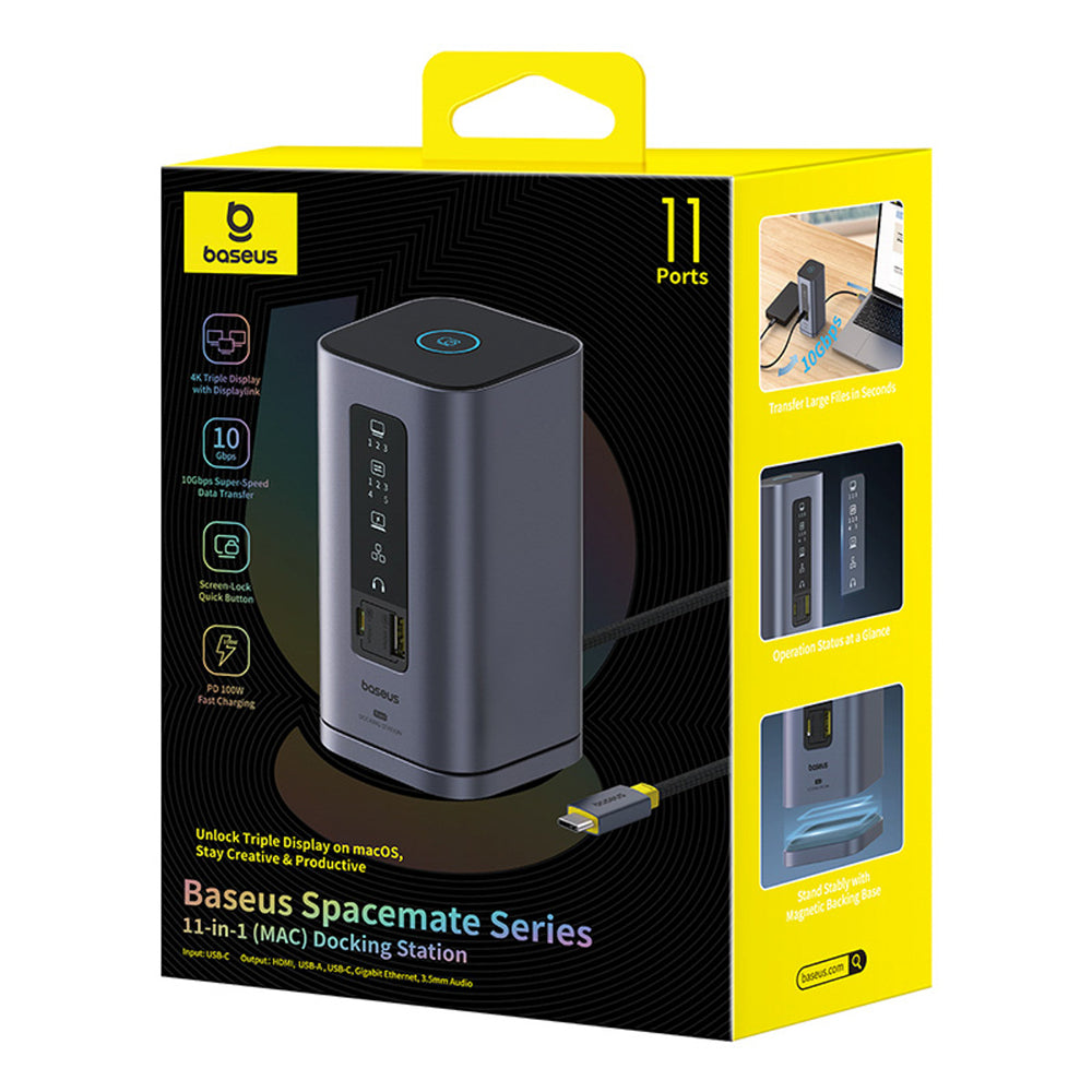 Baseus Spacemate hub USB-C 11in1 docking station 3xHDMI 4K 60Hz + 2xUSB-A (10Gb/s) + 1xUSB-C (10Gb/s) + RJ45 + 2xUSB-A (480Mb/s) + 1xUSB-C (PD) + 1xMinijack 3.5mm - gray