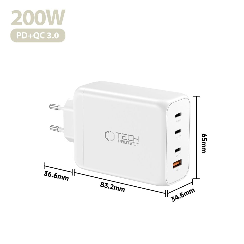 Tech-Protect NC200W-GaN 4-port 200W vægoplader - hvid