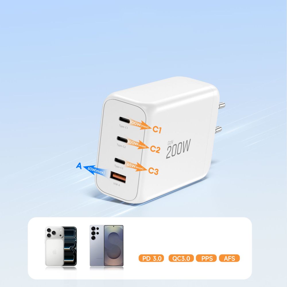 Tech-Protect NC200W-GaN 4-port 200W vægoplader - hvid