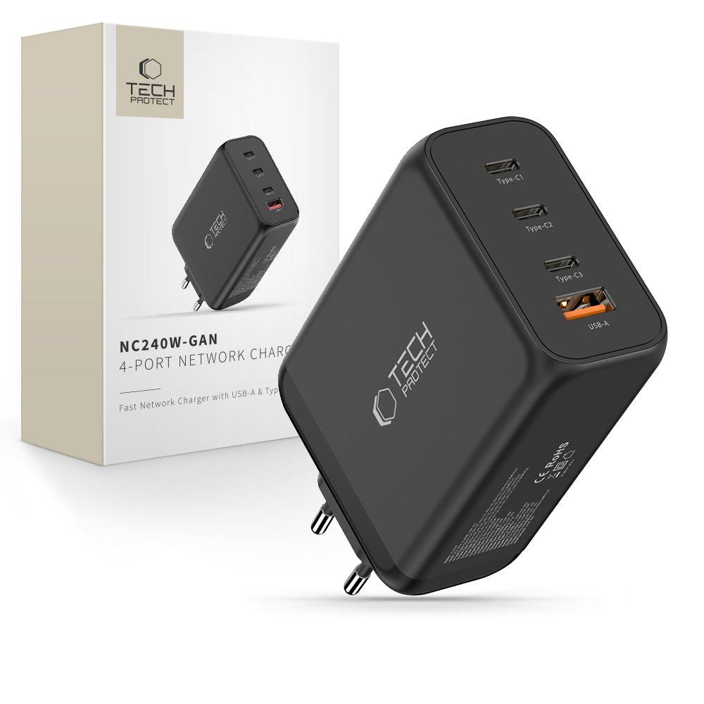 Tech-Protect NC240W-GaN 4-port 240W vægoplader - sort