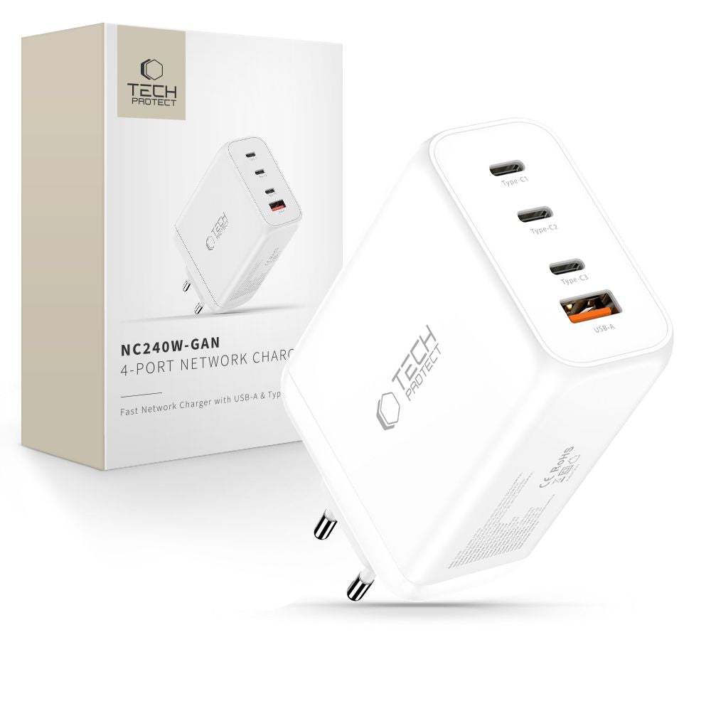 Tech-Protect NC240W-GaN 4-port 240W vægoplader - hvid