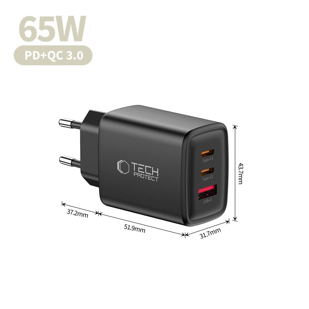 Tech-Protect NCA65W-GAN 3-Port 65W Wall Charger - sort
