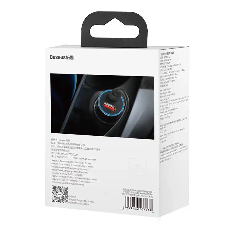 Ładowarka samochodowa Baseus Golden Contactor Pro, USB + USB-C, QC4.0+, PD, SCP, 40W (szara) + kabel USB-C til iP 1m (czarny)