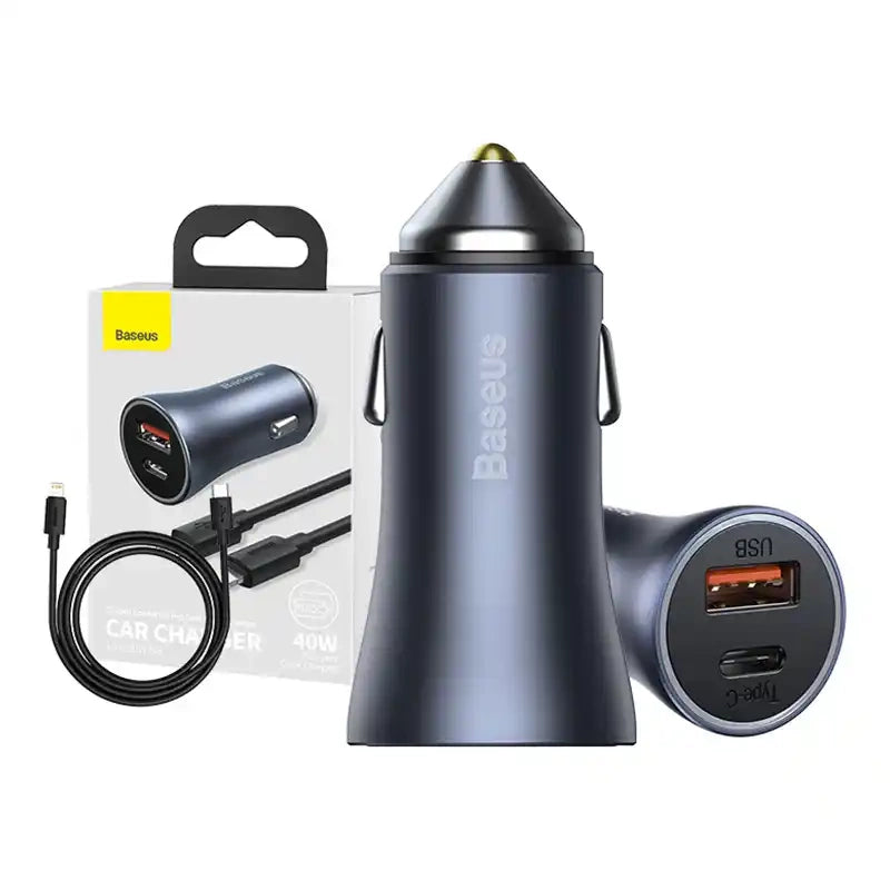 Ładowarka samochodowa Baseus Golden Contactor Pro, USB + USB-C, QC4.0+, PD, SCP, 40W (szara) + kabel USB-C til iP 1m (czarny)