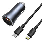 Ładowarka samochodowa Baseus Golden Contactor Pro, USB + USB-C, QC4.0+, PD, SCP, 40W (szara) + kabel USB-C til iP 1m (czarny)