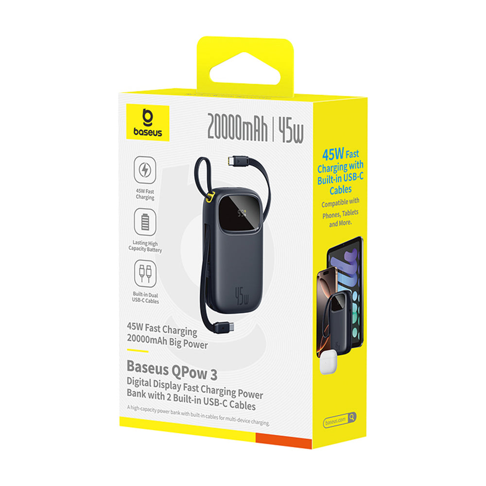 Baseus EnerFill FC31 QPow3 20000mAh 45W Power Bank with Digital Display with 2 Built-in USB-C Cables - Black