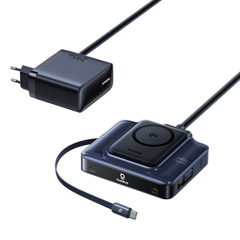 Baseus Nomos NH21 6-in-1 245W Wireless Charging Station with Two Retractable USB-C Cables - Black