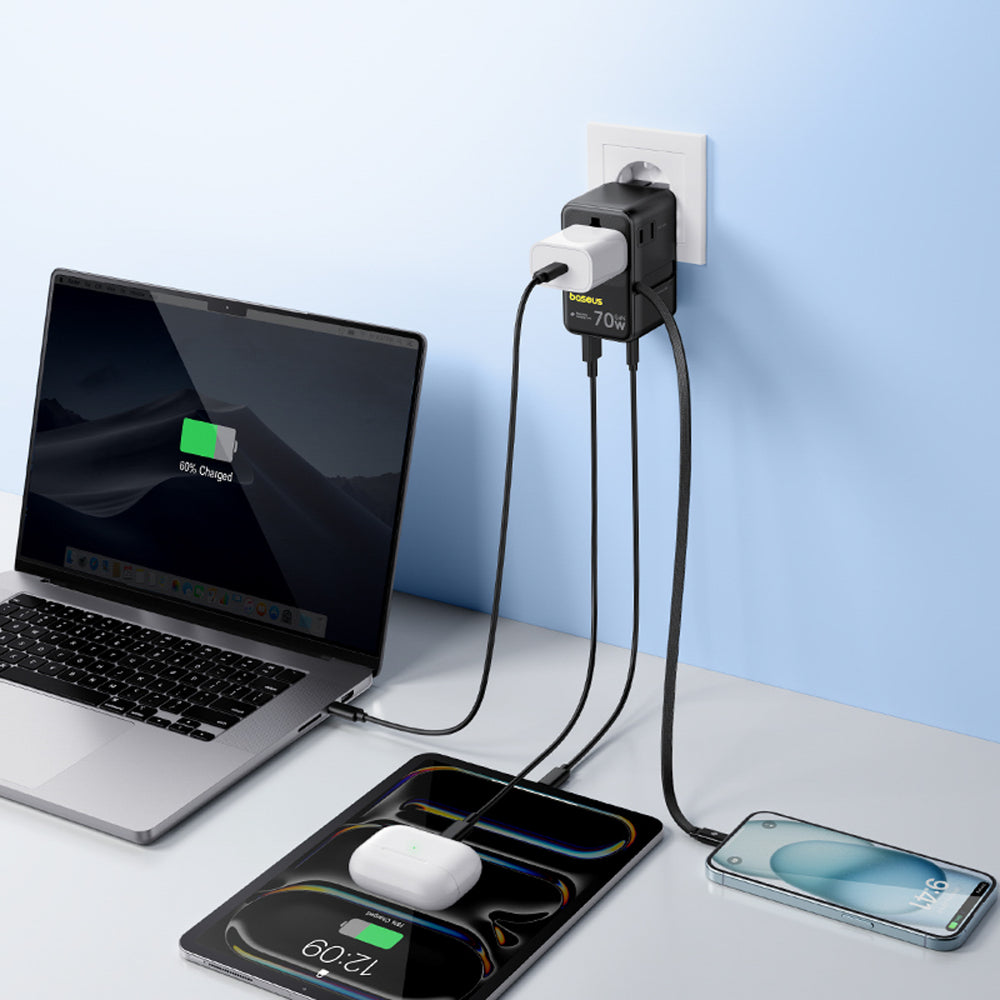 Baseus EnerCore CG11 70W 6-in-1 Travel Adapter with Retractable USB-C Cable - Black