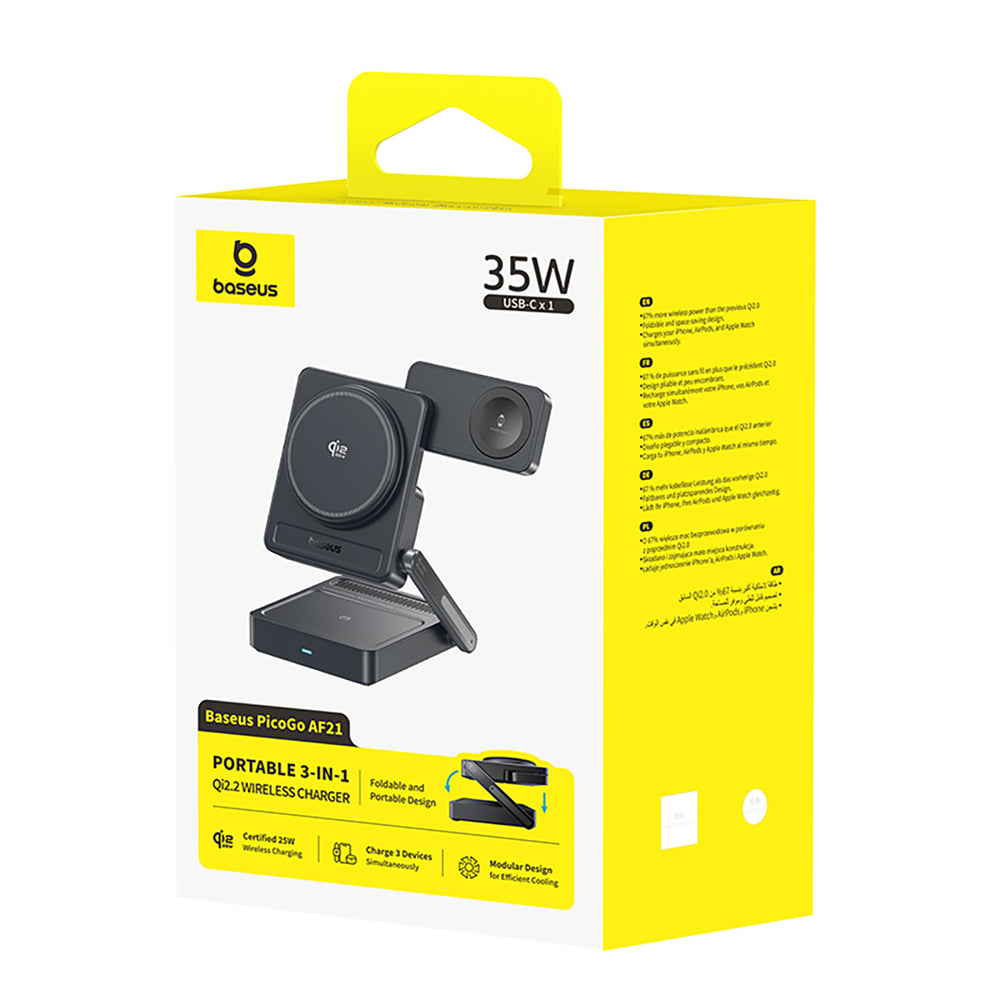 Baseus PicoGo AF21 3in1 Qi2.2 35W Wireless Charger with 45W EU Power Adapter and 1m USB-C Cable - Black