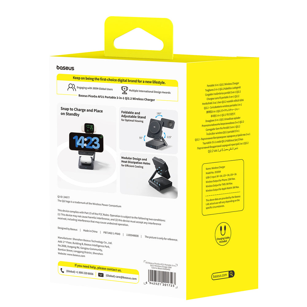 Baseus PicoGo AF21 3-in-1 Qi2.2 35W Wireless Charger with 1m USB-C Cable - Black