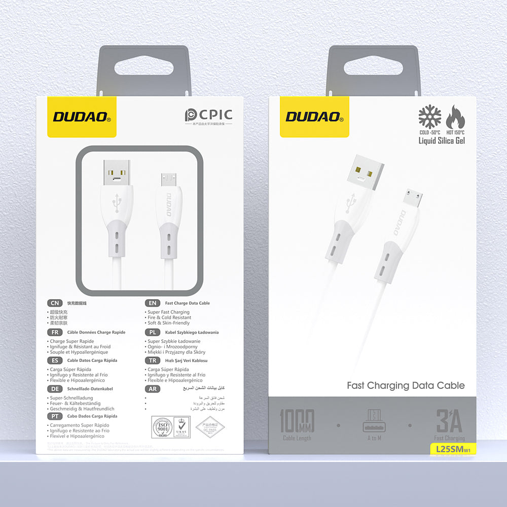 Dudao L25SM 3 A USB-A - micro USB-kabel med blød silikon flett 1 m - hvid