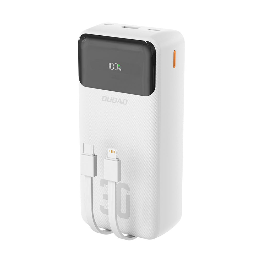 Dudao K15Max 30000mAh PD 22.5W Powerbank med USB-C og Lightning Kabler - Hvid