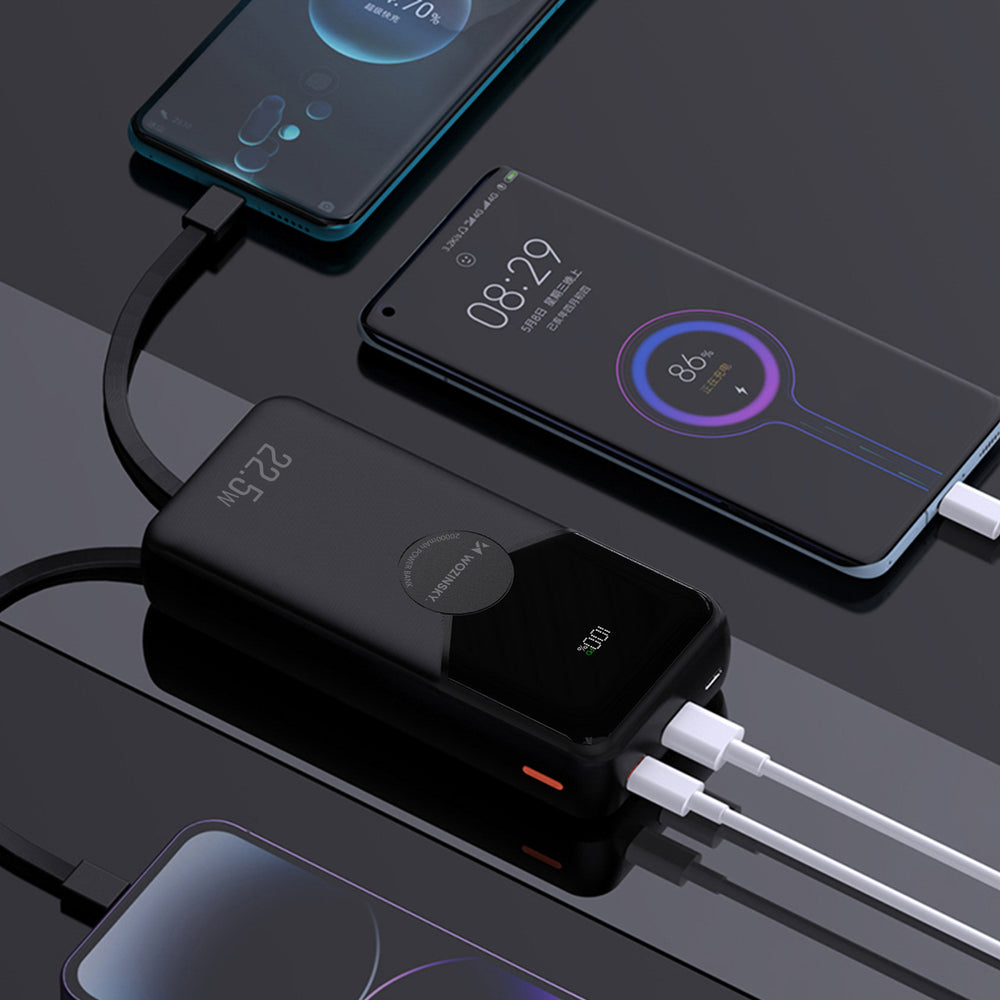 Wozinsky WFC-15B 20000mAh 22.5W PD20W Powerbank med indbygget Lightning og USB-C kabler - sort