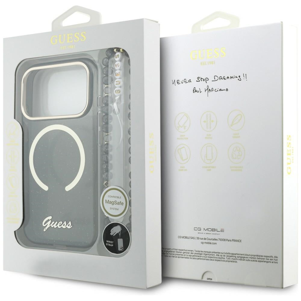 Guess IML Glitters Script Strap MagSafe Case til iPhone 17 Pro - sort