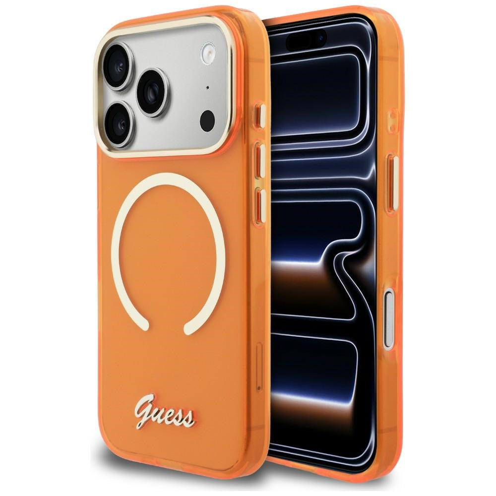 Guess IML Script Metal MagSafe Case til iPhone 17 Pro - Orange