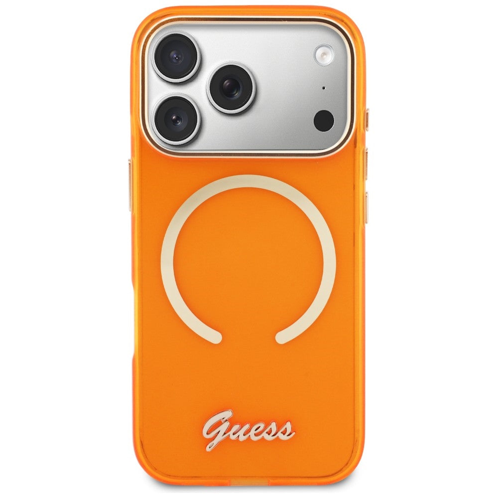 Guess IML Script Metal MagSafe Case til iPhone 17 Pro - Orange