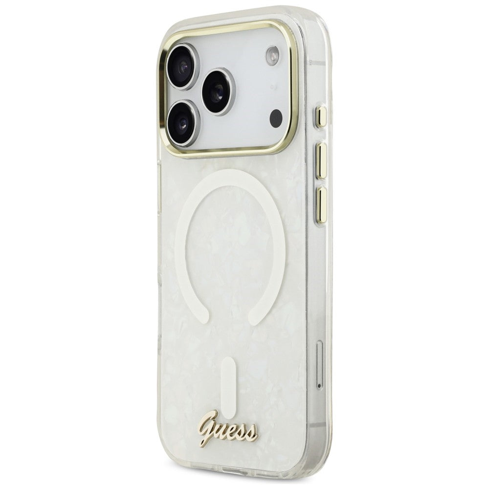 Guess IML Shell Script Metal MagSafe Case til iPhone 17 Pro Max - hvid