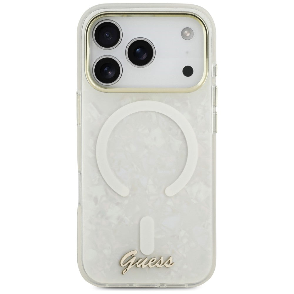 Guess IML Shell Script Metal MagSafe Case til iPhone 17 Pro Max - hvid