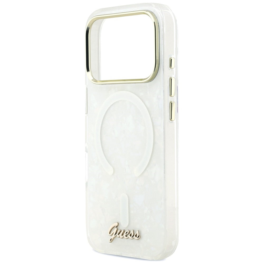Guess IML Shell Script Metal MagSafe Case til iPhone 17 Pro Max - hvid