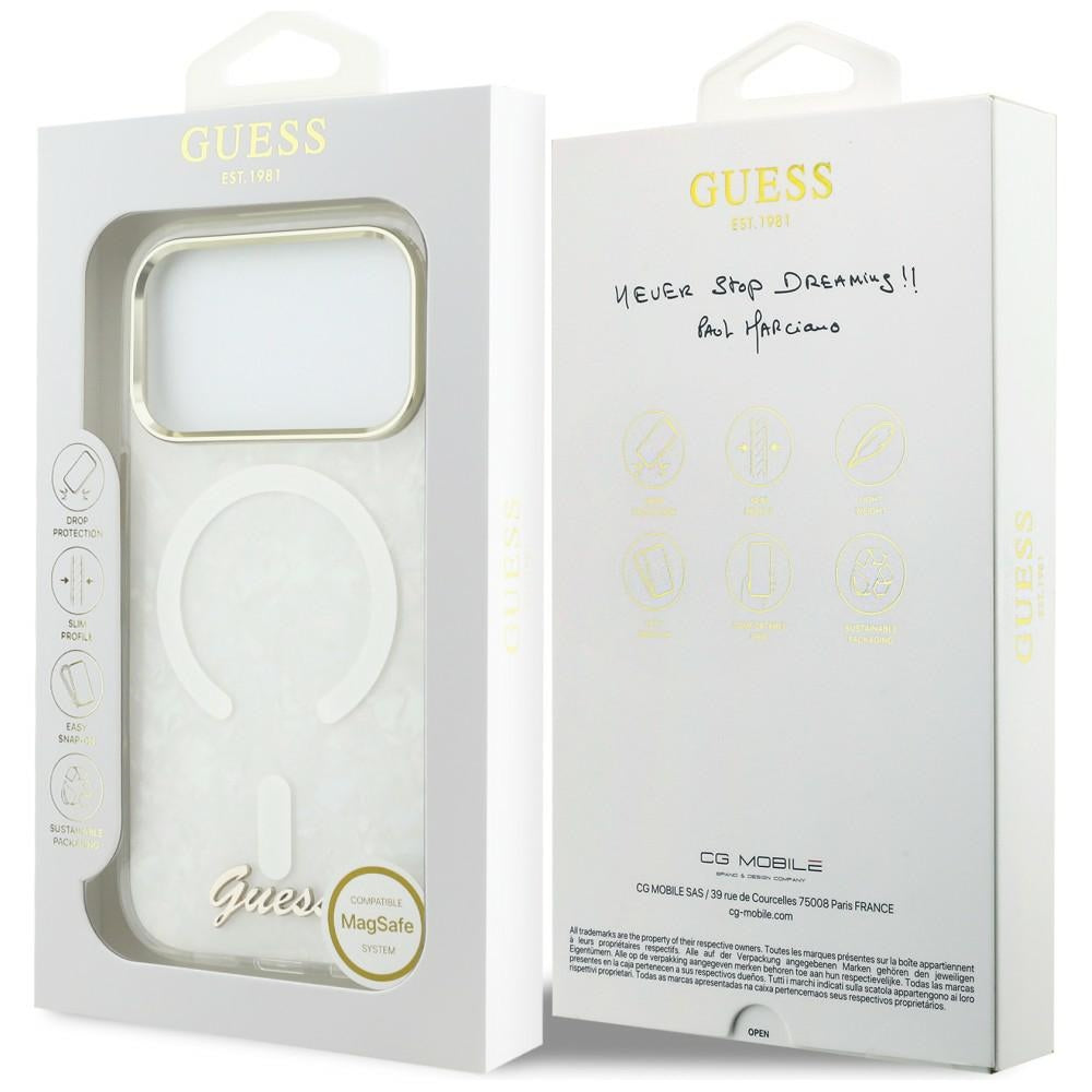 Guess IML Shell Script Metal MagSafe Case til iPhone 17 Pro Max - hvid