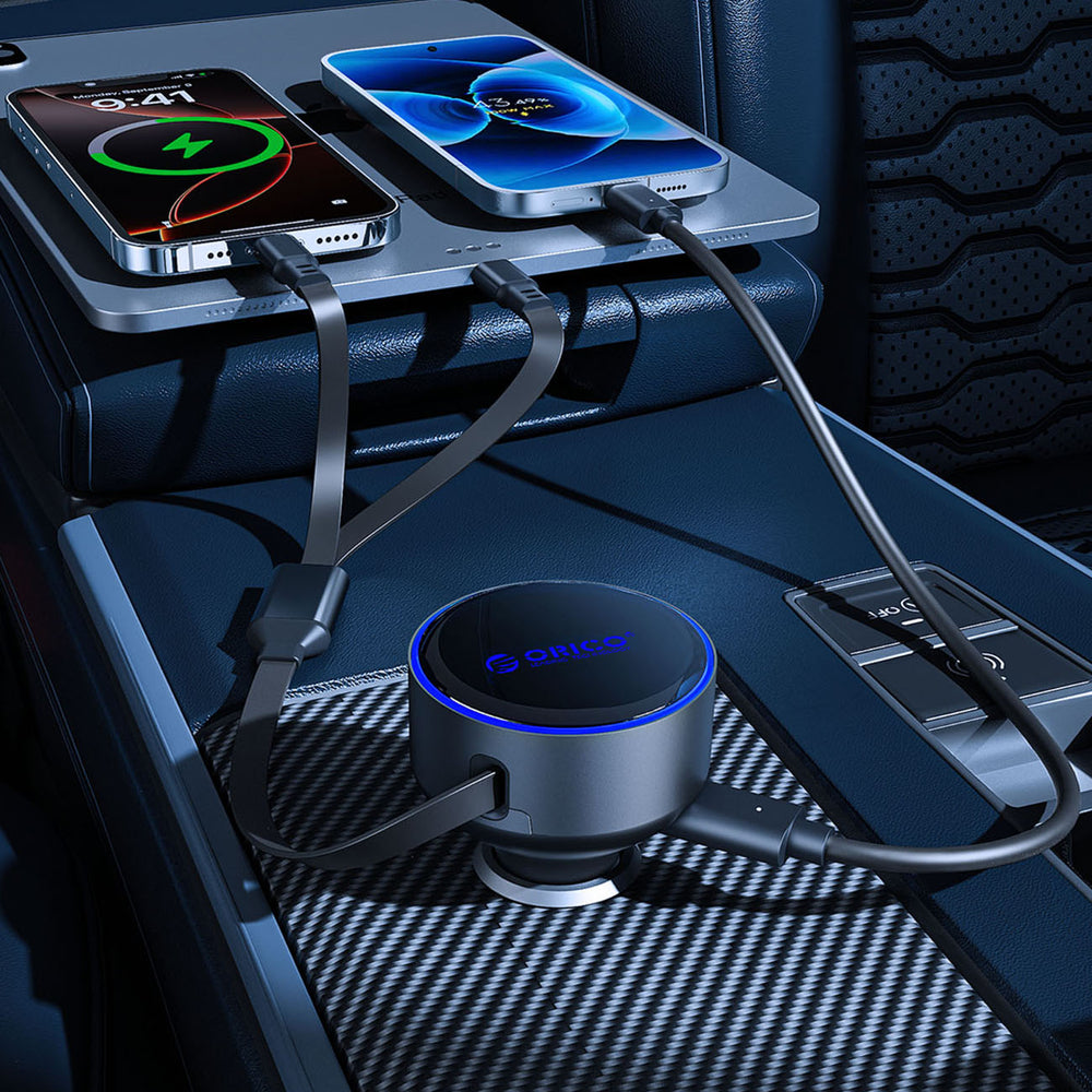 Orico Dual Stretch 60W USB-C Car Charger with Two Retractable USB-C + Lightning Cables - Black