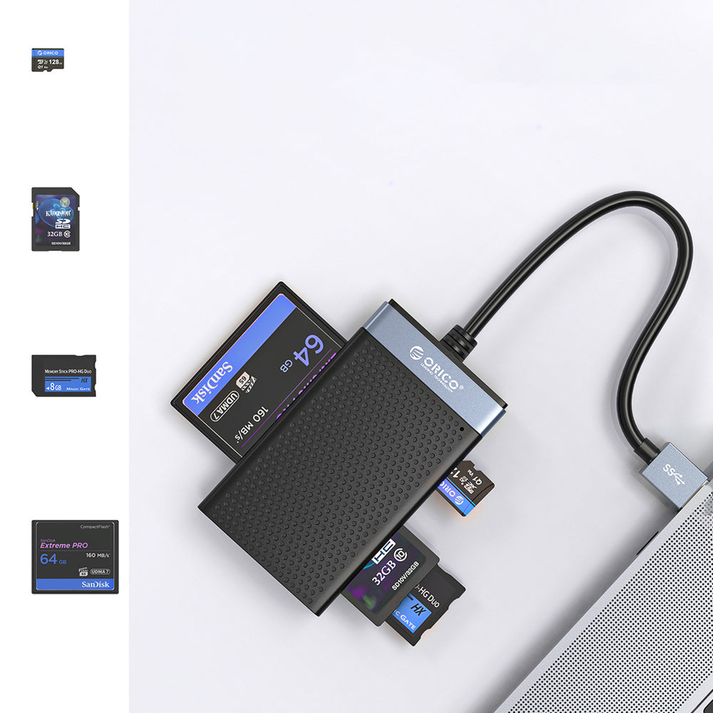 Orico CL4D-A3 USB-A 3.0 SD microSD CF MS 5 Gb/s Memory Card Reader - Black and Silver