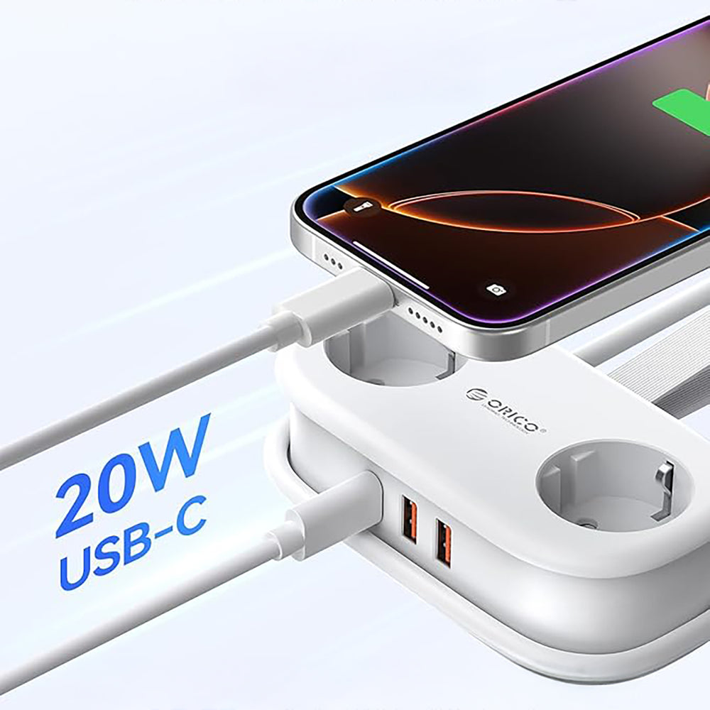 Orico APP 15.5W 5in1 Power Strip 2x AC + 2x USB-A + 1x USB-C - White
