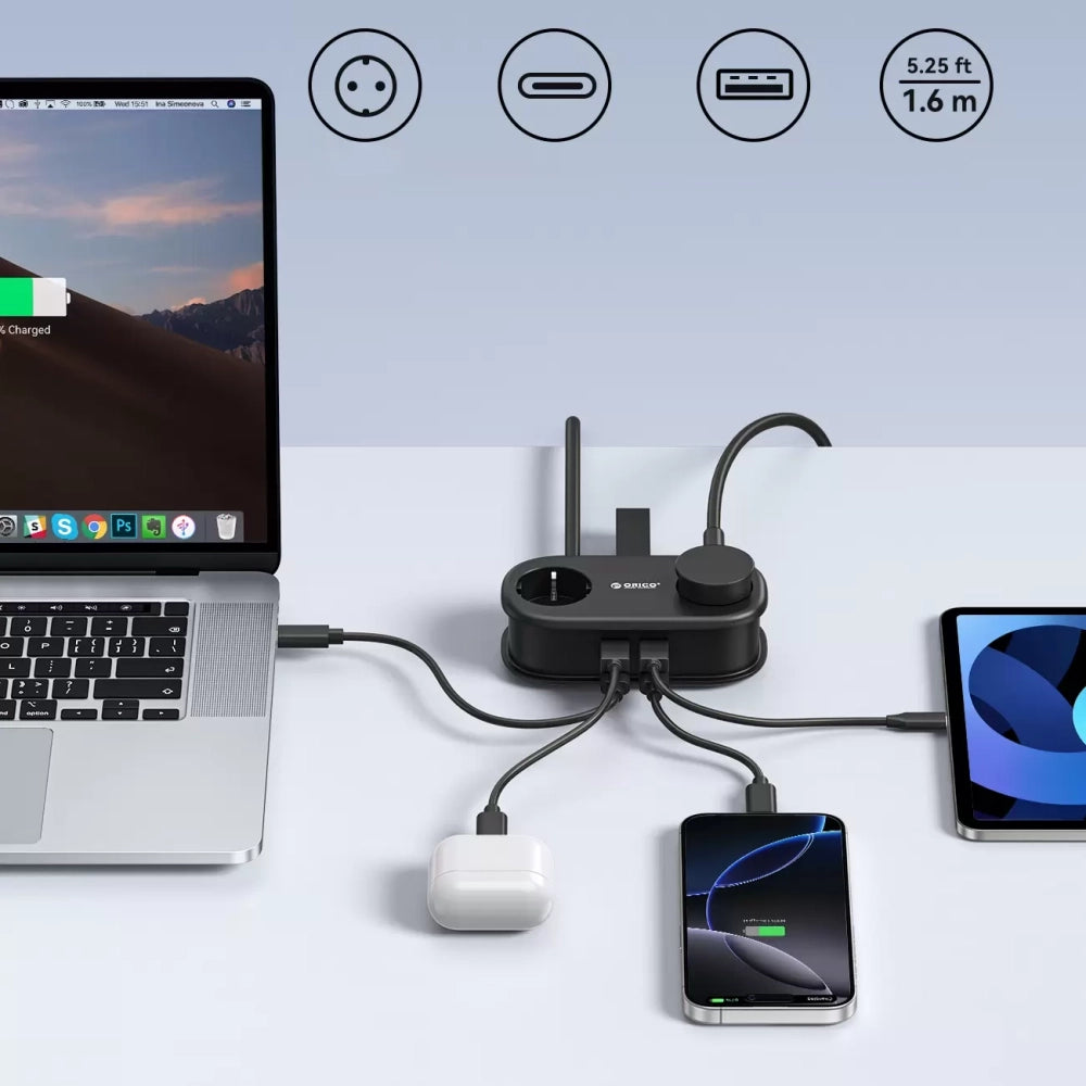 Orico AP3 20W GaN 5in1 Power Strip 2x AC + 2x USB-A + 1x USB-C - Black