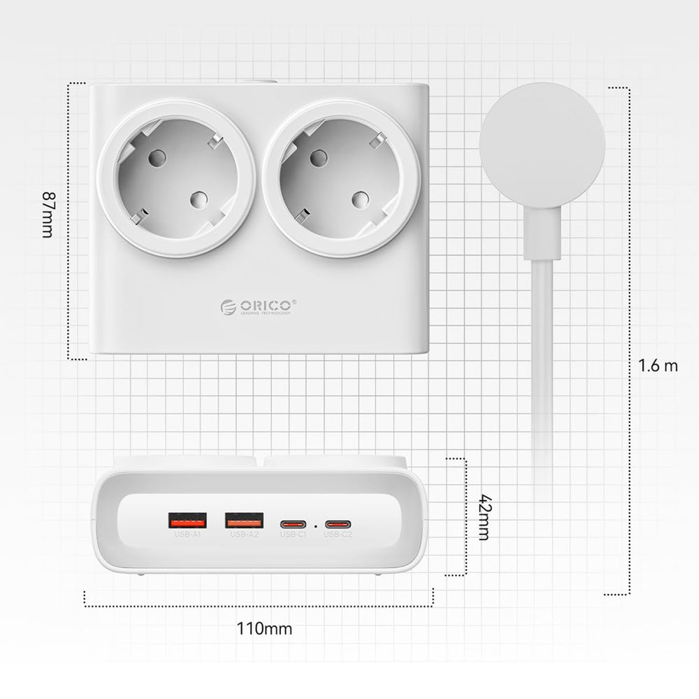 Orico PDC25 25W 6in1 Power Strip 2x AC + 2x USB-A + 2x USB-C - White