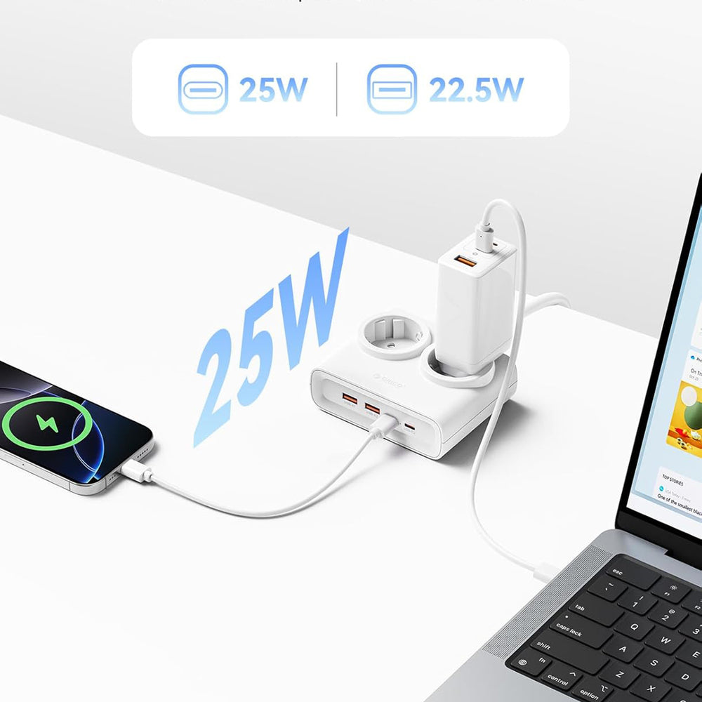 Orico PDC25 25W 6in1 Power Strip 2x AC + 2x USB-A + 2x USB-C - White