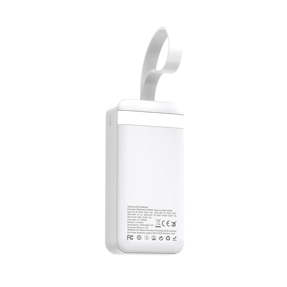 Wozinsky W8-W 30000mAh 30W Powerbank 2x USB-A og USB-C med lommelygte - hvid