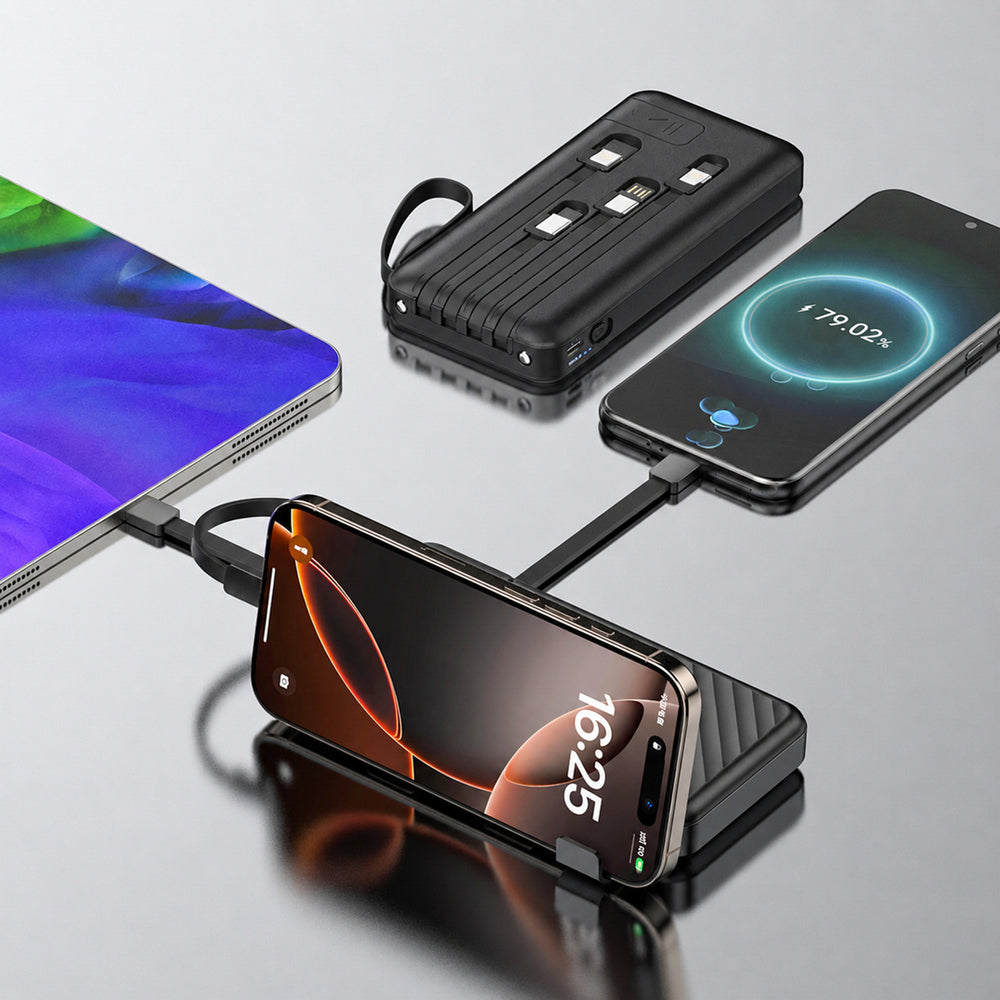 Wozinsky W11-B 10000mAh 10W Powerbank with Built-in Cables and Flashlight - Black